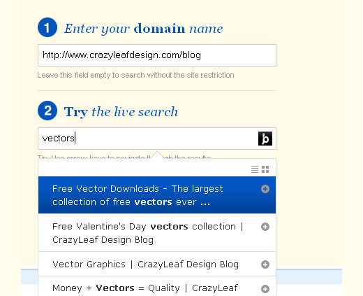 Live search example of CrazyLeaf Design Blog