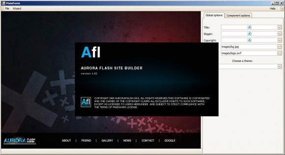Aurora Flash Site Builder - Startup Screen