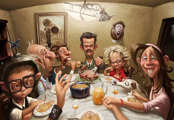 A caricatured family photo