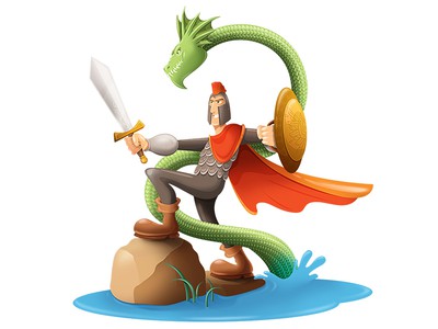 Knight fighting dragon logo