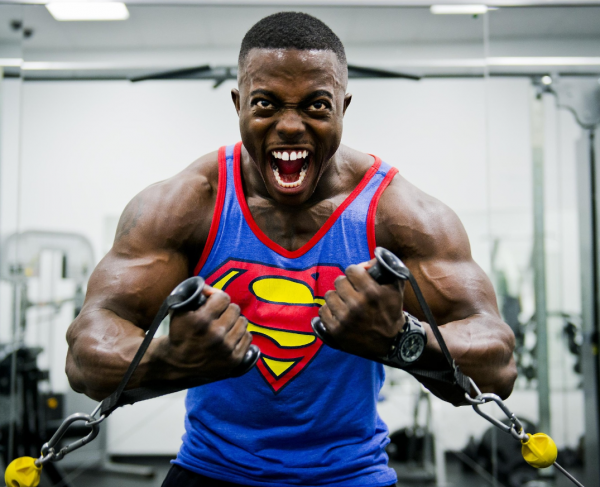 superman, gym, smile, weights